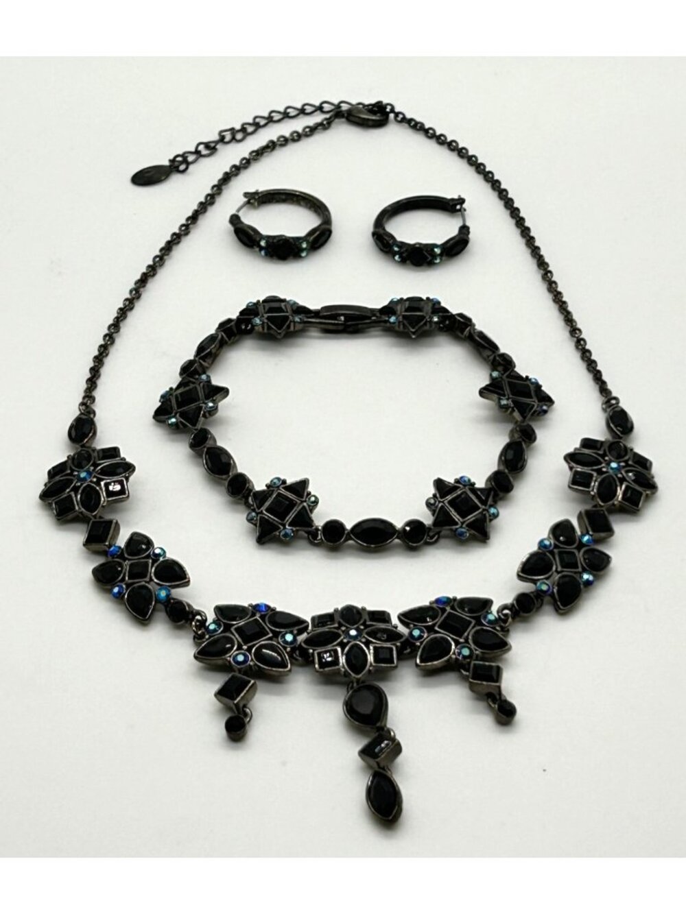Vintage Jewelry Set Black Blue Rhinestone Necklace Earrings Bracelet Gothic
